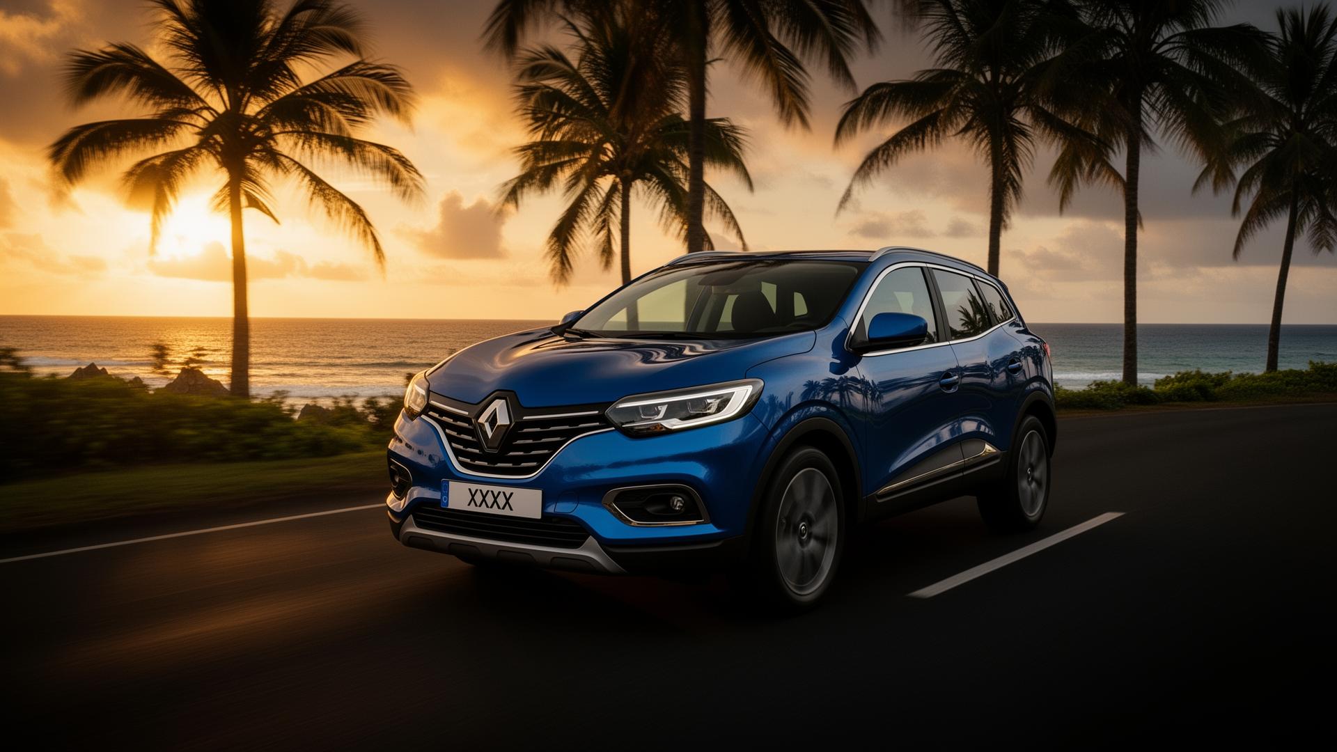 Chauffeur privé IJALA en Guadeloupe — Renault Kadjar bleue au coucher de soleil